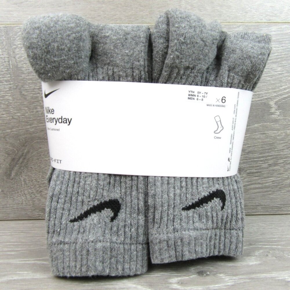 Nike Everyday Cushioned Crew Socks 6 Pack Womens 6-10 / Youth 5Y - 7Y Grey NEW - Picture 3 of 10